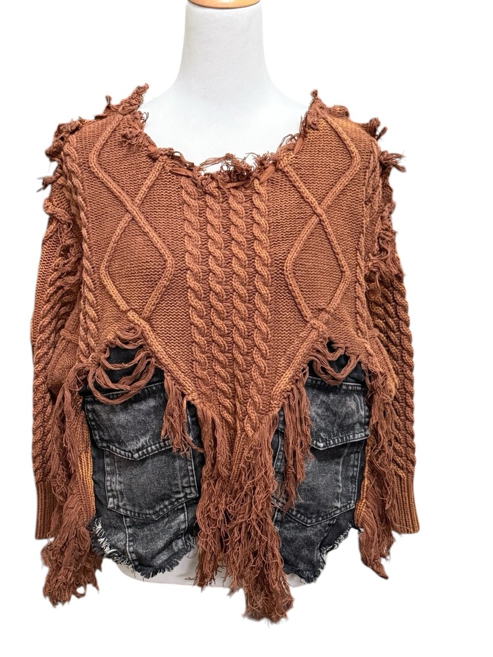 Edgy distressed mixed media denim & knit pullover boxy oversized frayed sweater